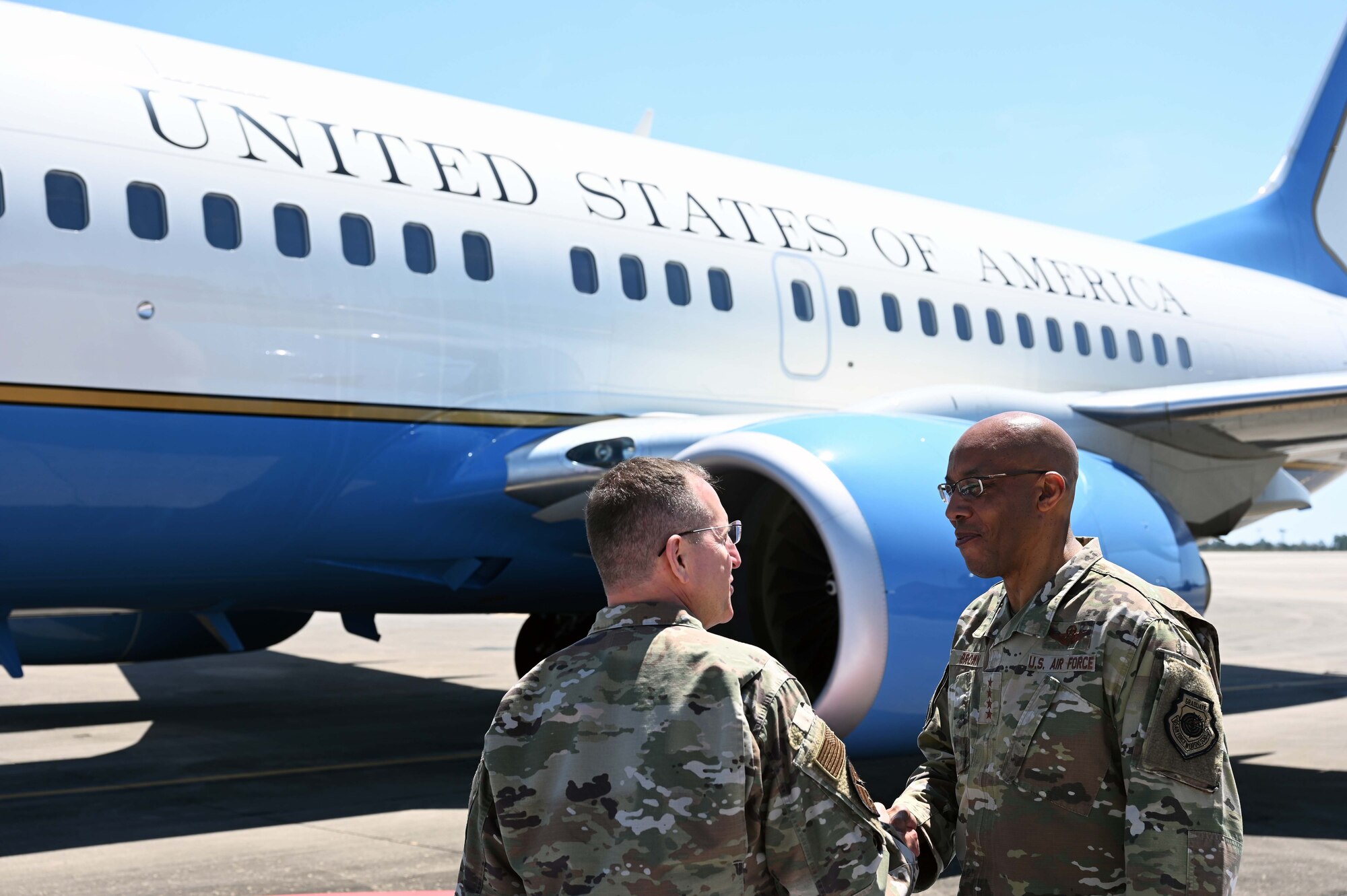 Air Force Chief of Staff Gen. CQ Brown, Jr., talks with U.S. Air Force Lt. Gen. Jim Slife, commander of Air Force Special Operations Command, before departing Hurlburt Field, Florida, April 4, 2022. During his visit, Brown met with junior enlisted Airmen and received command updates from Headquarters AFSOC staff and briefings on Mission Sustainment Teams, Aviation Special Operations Task Units and Special Operations Task Groups. (U.S. Air Force photo by Staff Sgt. Brandon Esau)