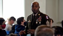 Command Sgt. Maj. Finis A. Dodson, U.S. Army Space and Missile Defense Command command sergeant major, speaks to the students of the Alabama School of Cyber Technology and Engineering at Peterson Hall at Oakwood University in Huntsville, Alabama, April 1, 2022. (U.S. Army photo by Ayumi Davis)