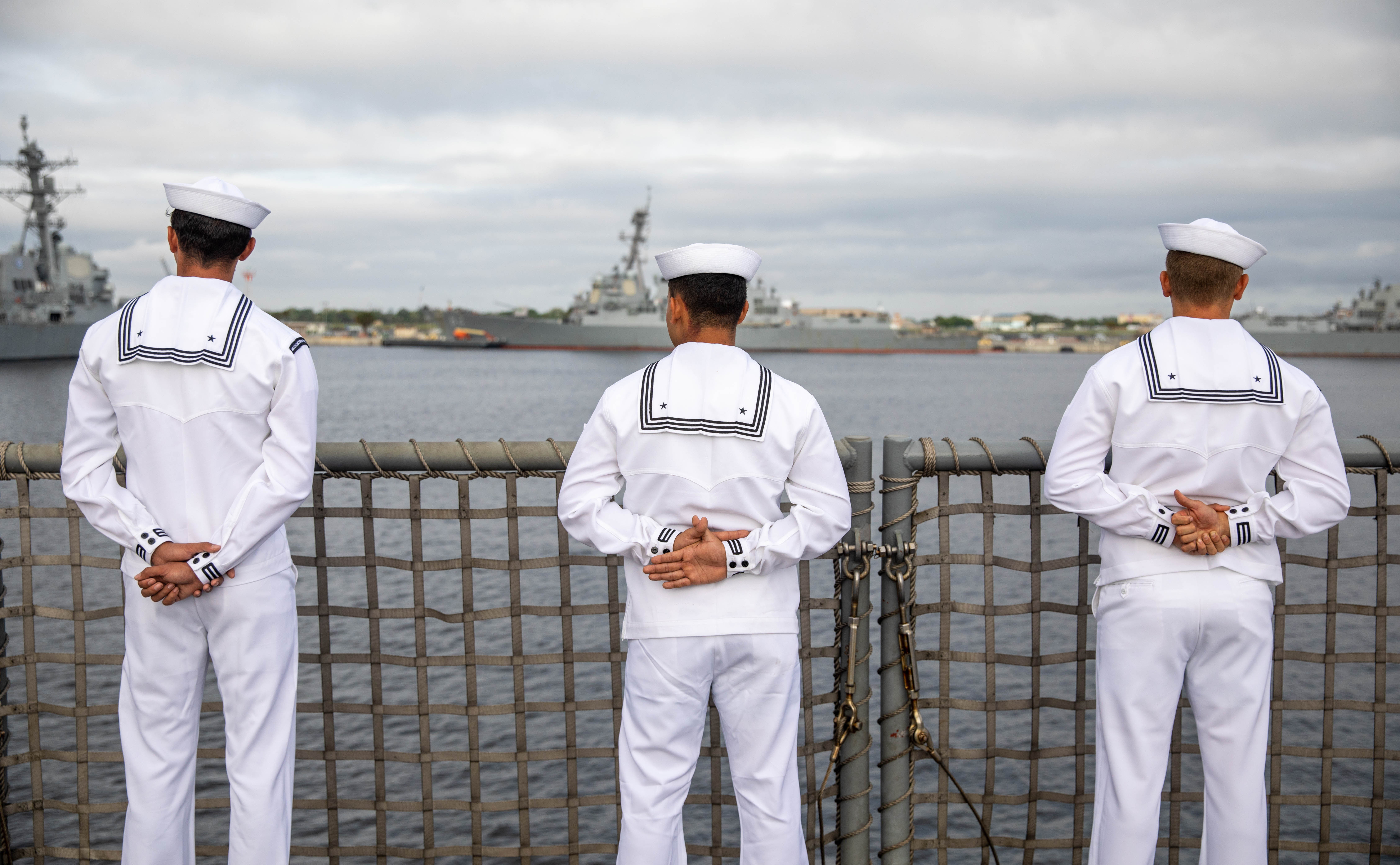 Sailors man the rails aboard the Freedom-variant littoral combat ship USS Milwaukee (LCS 5) as the ship returns from deployment to Naval Station Mayport, April 2.