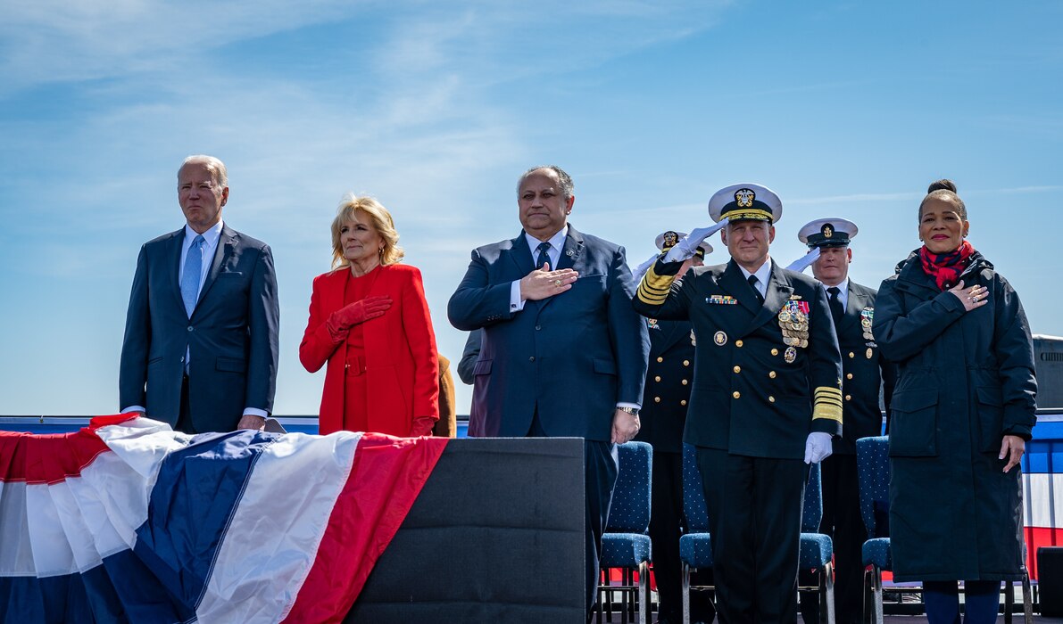 President of the United States Joseph R. Biden, Jr., First Lady Dr. Jill Biden, and leadership attend the submarine USS Delaware (SSN 791) commissioning commemoration ceremony in Wilmington, De.
