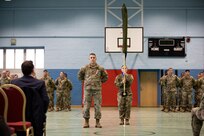 ANSBACH, Germany - Sgt. Maj. Mike Lamkins, operations sergeant major, V Corps, stands in formation with Soldiers from the V Corps headquarters during a welcome ceremony at Barton Barracks in Ansbach, Germany, Tuesday, April 5. During the ceremony, the V Corps headquarters and the headquarters and headquarters battalion uncased their colors at their temporary home. The presence of the entire Victory Corps headquarters in Europe expands U.S. Army Europe and Africa’s ability to command land forces in Europe and sends a strong message to our NATO allies and partners that the United States is committed to European security and our NATO obligations.  (U.S. Army photo by Capt. Angelo Mejia)