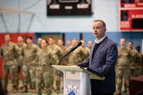 ANSBACH, Germany - Lord Mayor Thomas Deffner, lord mayor of the city of Ansbach, addresses Soldiers from the U.S. Army V Corps headquarters and members of the city of Ansbach during a welcome ceremony at Barton Barracks in Ansbach, Germany, Tuesday, April 5. During the ceremony, the V Corps headquarters and the headquarters and headquarters battalion uncased their colors at their temporary home. The presence of the entire Victory Corps headquarters in Europe expands U.S. Army Europe and Africa’s ability to command land forces in Europe and sends a strong message to our NATO allies and partners that the United States is committed to European security and our NATO obligations. (U.S. Army photo by Capt. Angelo Mejia)
