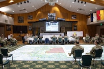 Joint Task Force Civil Support Deputy to the Commander Michael Collins gives opening remarks during the command’s spring mission planning conference at the Phantom Warrior Center on Fort Hood, Tx.