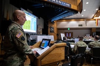 Army Lt. Col. Andrew Lazarchick, Joint Task Force Civil Support logistics and readiness division chief, delivers a brief during the command’s spring mission planning conference at the Phantom Warrior Center on Fort Hood, Tx.