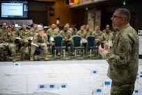 Joint Task Force Civil Support Commanding General Army Maj. Gen. Jeff Van gives opening remarks during the command’s spring mission planning conference at the Phantom Warrior Center on Fort Hood, Texas.