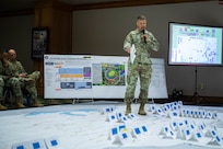 The 36th Engineering Brigade Commanding Officer Army Col. Anthony Barbina gives a brief during Joint Task Force Civil Support’s spring mission planning conference at the Phantom Warrior Center on Fort Hood, Texas.