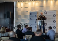 Joint Task Force Civil Support Chief of Staff Col. Christopher Caldwell, presents a JTF-CS 101 brief during Defense Strategies Institute’s Joint Civil and DoD CBRN symposium at the National Harbor in Maryland, March 24, 2022.