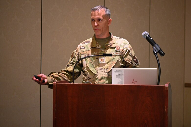 Members of Vandenberg from CFSCC, 576 FLTS and Delta 1 gave their mission briefs to Defense Orientation Conference Association members from all across the nation March 29, 2022. DOCA is a nationwide nonprofit organization dedicated to continuing education in defense and national security affairs. (U.S. Space Force photo by Airman 1st Class Kadielle Shaw)