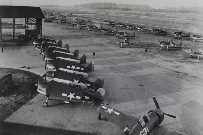 Fighters and bombers on the Ault Field flight line in 1943.