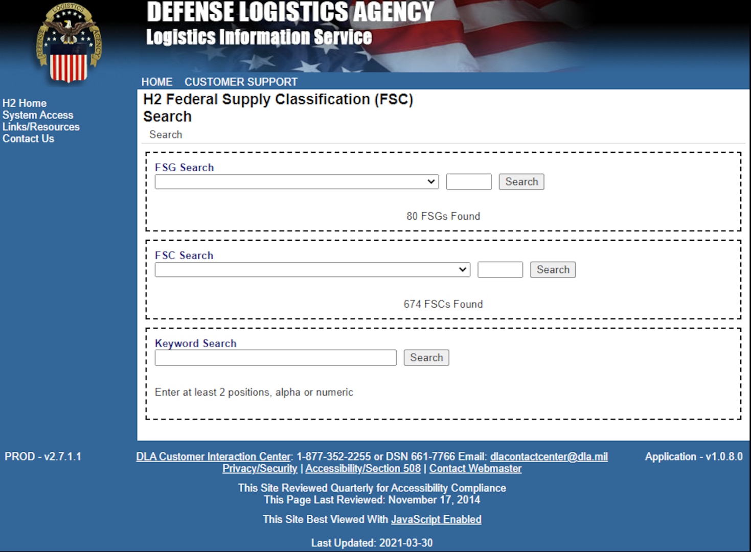 Screenshot of H2 Federal Supply Classification (FSC) landing page