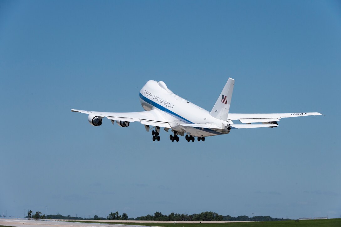 A U.S. Air Force E-4B National Airborne Operations Center aircraft takes off from Offutt Air Force Base, Nebraska, July 10, 2019. The E-4B is capable of seating more than 100 people including a joint-service team, an Air Force flight crew, maintenance and security components, a communications team and selected augmentees. (U.S. Air Force photo by Staff Sgt. Jacob Skovo)
