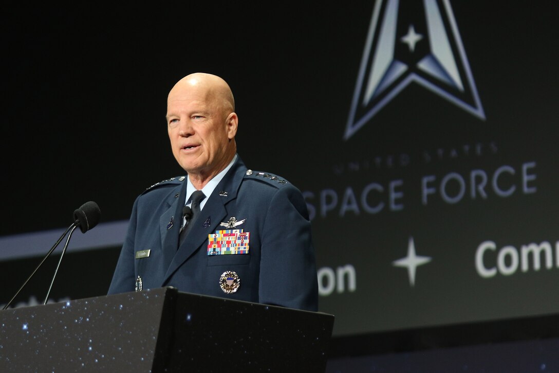 Chief of Space Operations Gen. John W. “Jay” Raymond speaks during the 37th Space Symposium in Colorado Springs, Colorado, April 5, 2022.