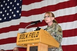 Chief Master Sgt. Meredith Conn, the Wisconsin Air National Guard’s state command chief, addresses about 90 members of the 128th Air Control Squadron during a formal send-off ceremony March 29, 2022, at Volk Field Combat Readiness Training Center. The squadron will deploy for six months in support of Operation Inherent Resolve and the Combined Defense of the Arabian Peninsula, providing air surveillance, aircraft tracking and overall command and control of coalition tactical aircraft operations.