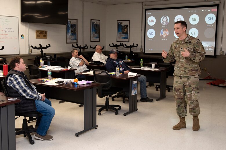 Lt. Col. Nathan Branen, U.S. Army Corps of Engineers Nashville District deputy commander, thanks the district’s administrative professionals for participating in “Educational Seminar and Conference for Administrative Professional’s Enrichment” April 1, 2022, at the Tennessee National Guard Training Facility in Smyrna, Tennessee. (USACE Photo by Lee Roberts)