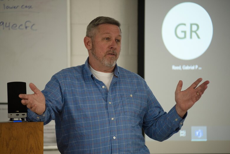 Paul Burress, U.S. Army Corps of Engineers Nashville District Safety Office chief, gives an eight-minute presentation about the safety mission with administrative professionals during the “Educational Seminar and Conference for Administrative Professional’s Enrichment” April 1, 2022, at the Tennessee National Guard Training Facility in Smyrna, Tennessee. (USACE Photo by Lee Roberts)