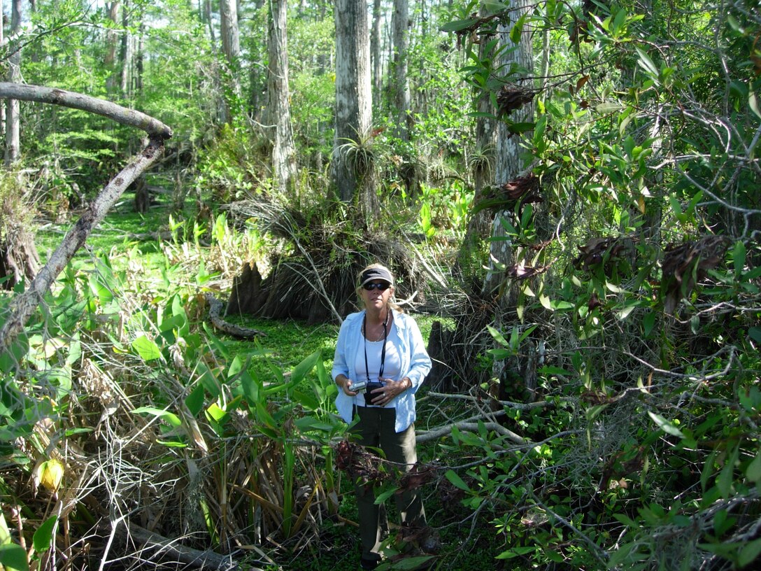 Kim Taplin in the gator hole on the family property in Big Cypress near the chickee where the family often spends time together.