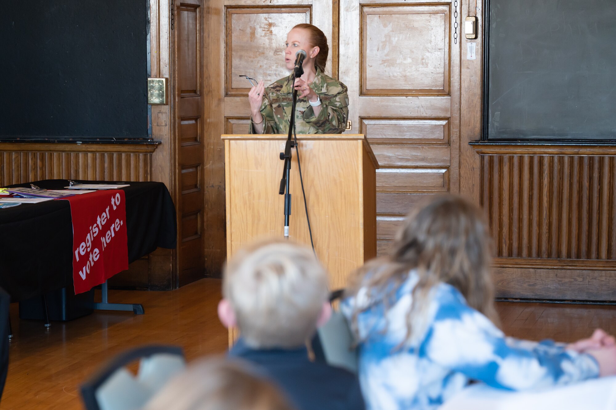 Col. Anita Feugate Opperman, 341st Missile Wing commander, gives opening remarks at the kickoff of No More Violence week April 4, 2022, at the Paris Gibson Square Museum of Art in Great Falls, Mont.
