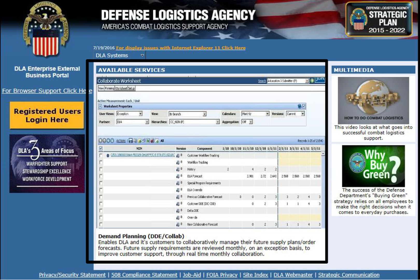 DLA Enterprise External Business Portal Landing Page - Demand Planning (DDE/Collab) screenshot
