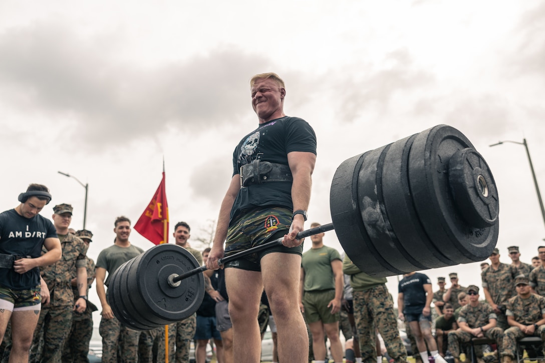 U.S. Marines with 2nd Battalion, 2nd Marine Regiment, 2nd Marine Division, participate in a weightlifting competition during the Warlord Games II on Camp Lejeune, North Carolina, March 31, 2022. The Warlord Games is a quarterly event where Marines from 2/2 compete in various competitions to strengthen the unit's esprit de corps.