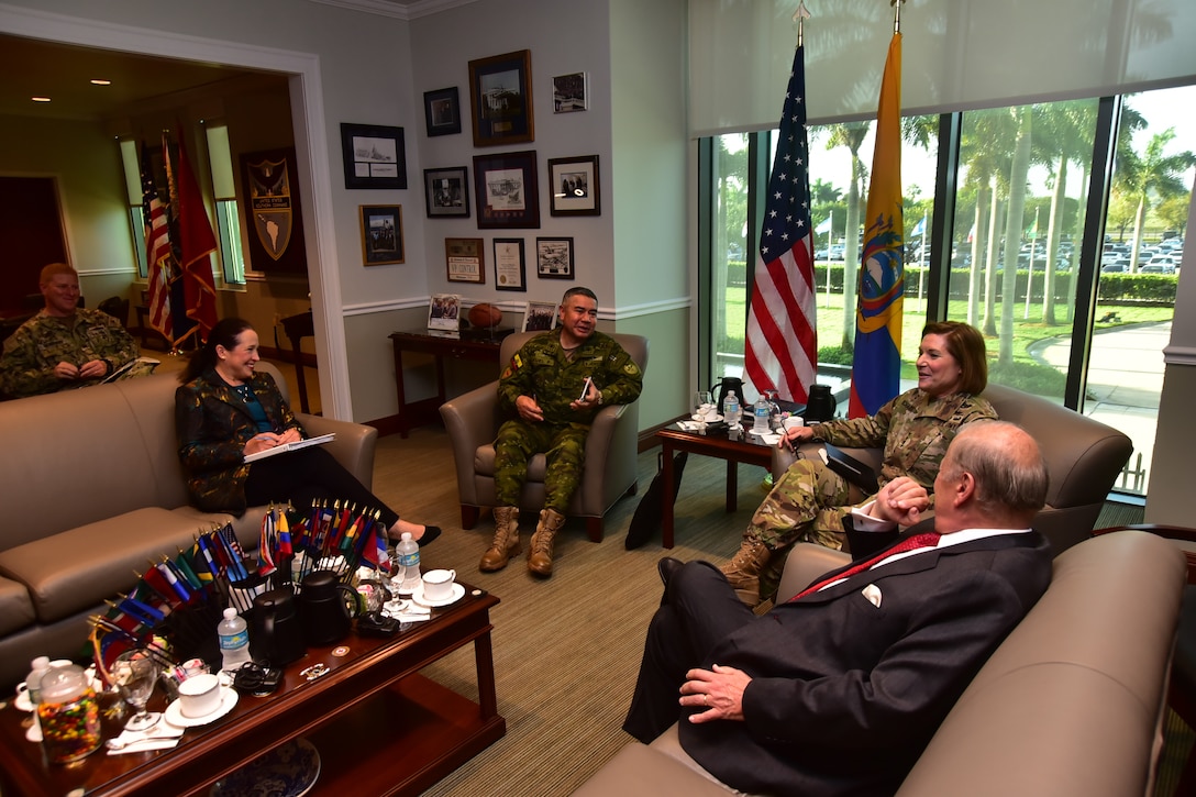 The commander of U.S. Southern Command, U.S. Army Gen. Laura Richardson, meets with Ecuadorian Gen. Fabián Fuel Revelo, Chief of the Joint Staff, Ecuador Armed Forces April 1 at the command headquarters