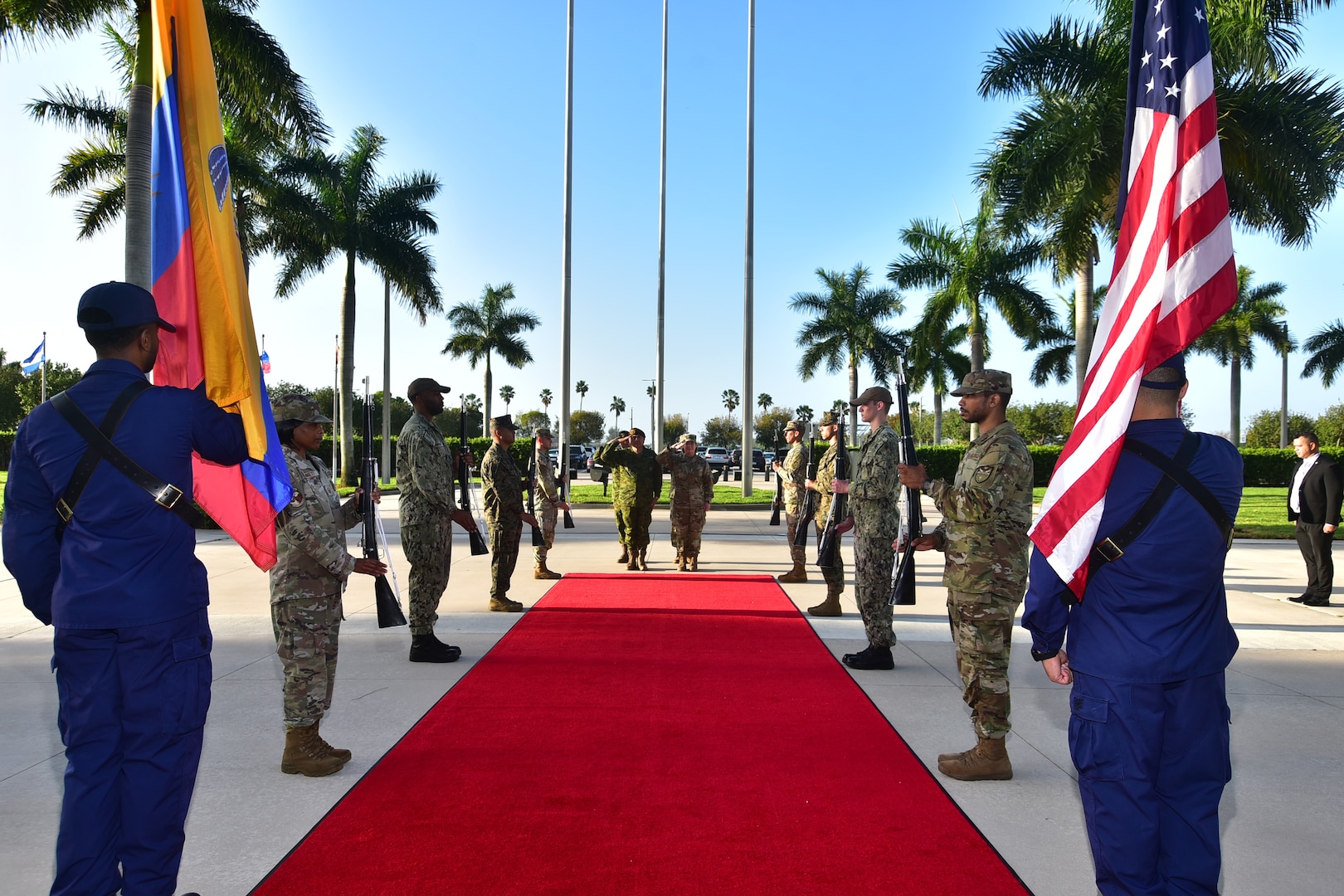 The commander of U.S. Southern Command, U.S. Army Gen. Laura Richardson, welcomes Ecuadorian Gen. Fabián Fuel Revelo, Chief of the Joint Staff, Ecuador Armed Forces, to SOUTHCOM headquarters April 1.