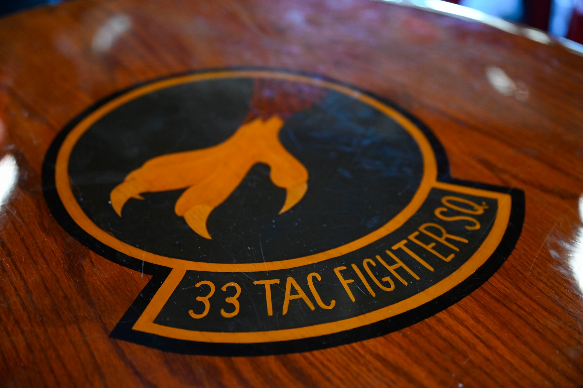 A photo of a squadron patch painted on a table