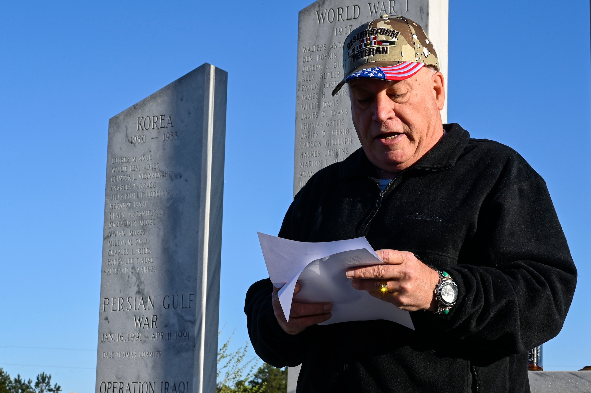 A photo of a veteran giving a speech