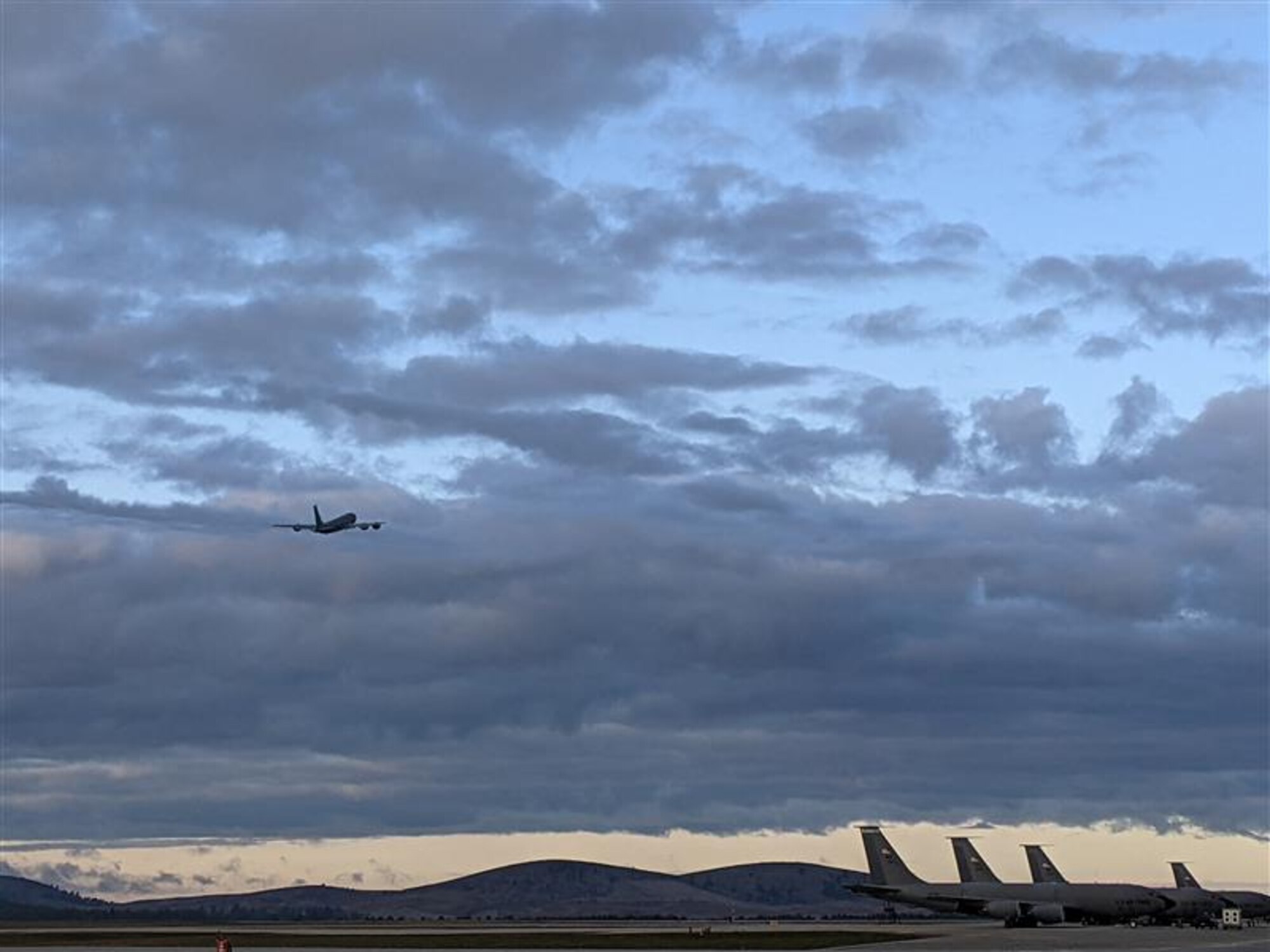 A U.S. Air Force KC-135 Stratotanker from the 92nd Air Refueling Wing takes off during a long-duration endurance sortie March 29-30, 2022.  The 92nd ARW engaged in a 40-hour endurance flight validating key planning assumptions and capabilities of the KC-135. (U.S. Air Force Courtesy Photo)