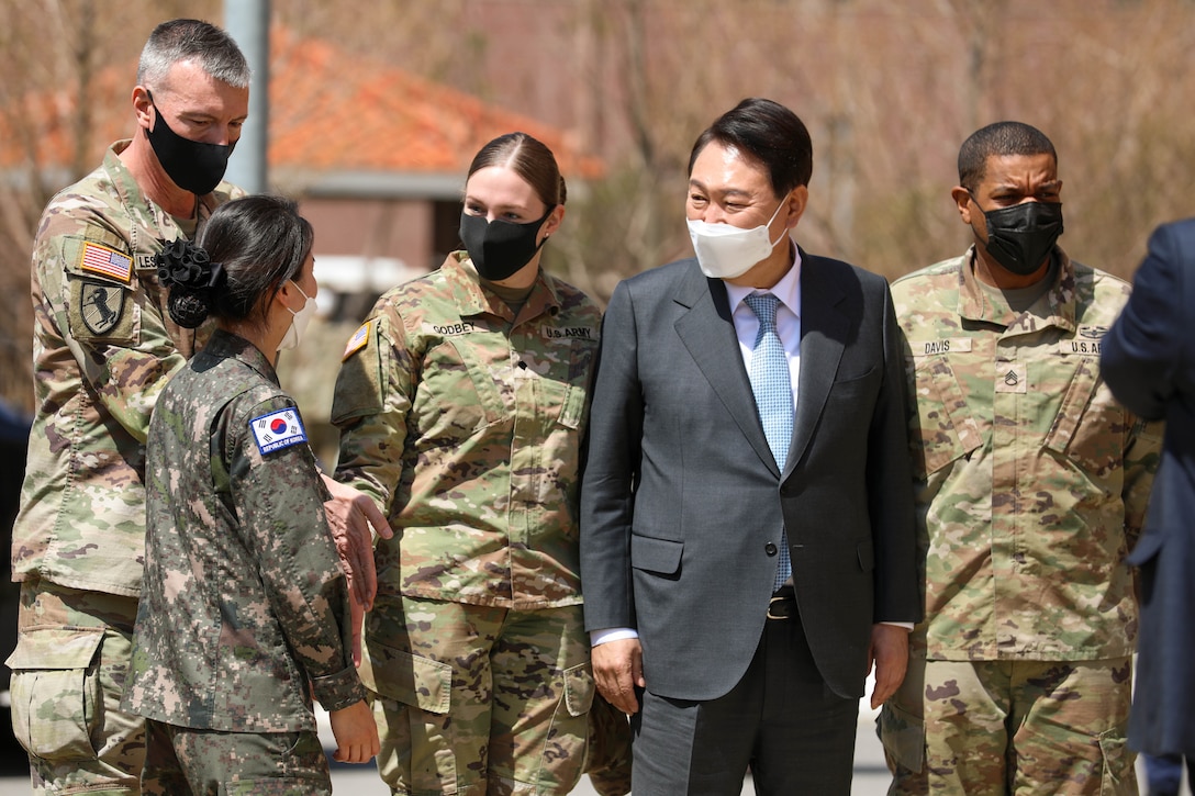 Republic of Korea President-elect Yoon, Suk-yeol spends time with Soldiers from the 2nd Infantry Division/ROK-U.S. Combined Division at Camp Humphreys, Republic of Korea