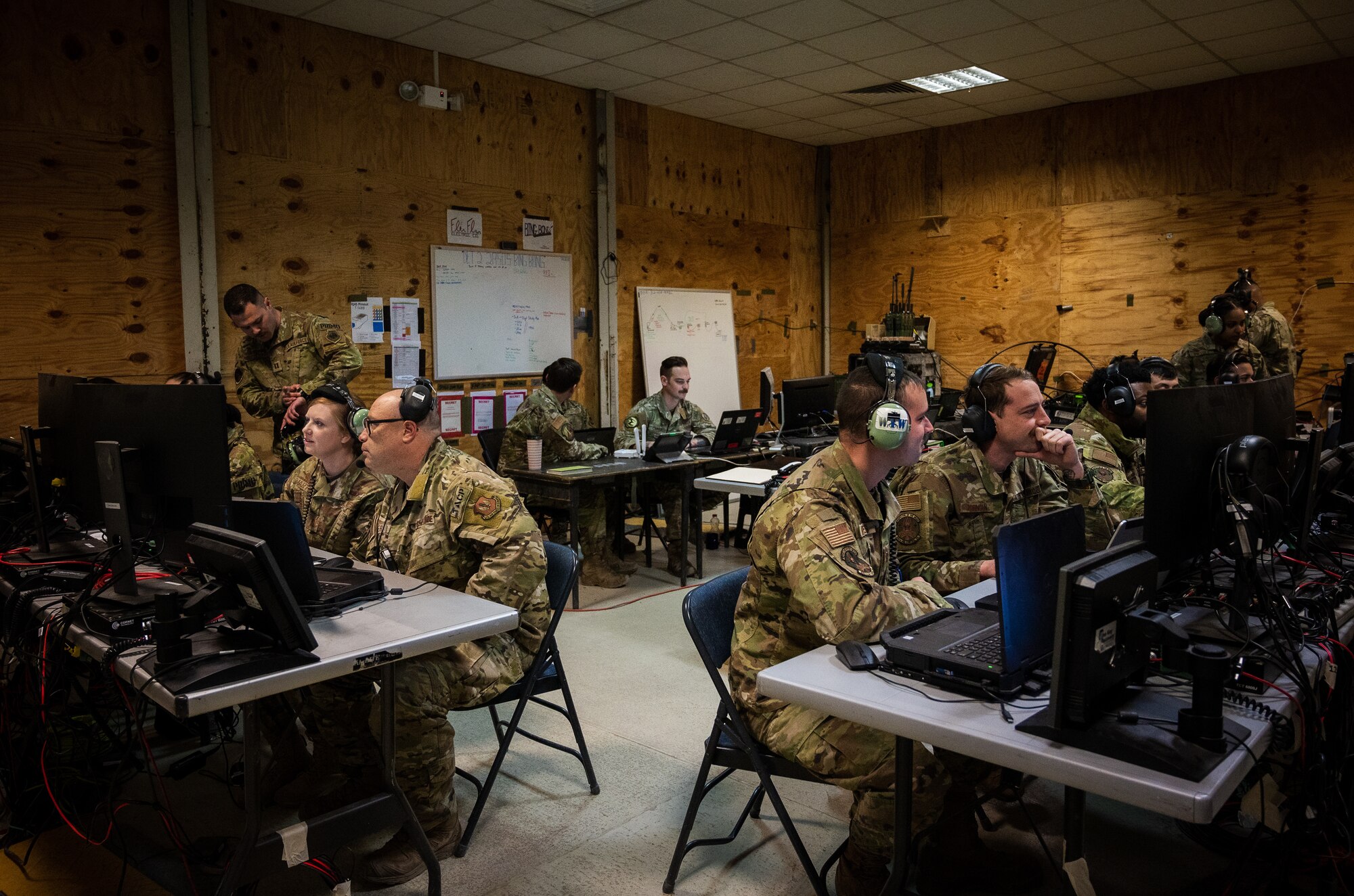 U.S. Air Force Tactical Air Control Party operators, assigned to the 4th Air Support Operations Group, work alongside Airmen, assigned to the 606th Air Control Squadron and the 1st Combat Communications Squadron, to monitor air space in Romania, March 6, 2022. Together, Airmen from the 435th Air Ground Operations Wing and 31st Fighter Wing integrate with NATO Allies to enhance airspace awareness and ensure the safety and security of Alliance air operations. (U.S Air Force photo by Staff Sgt. Jacob Wongwai)