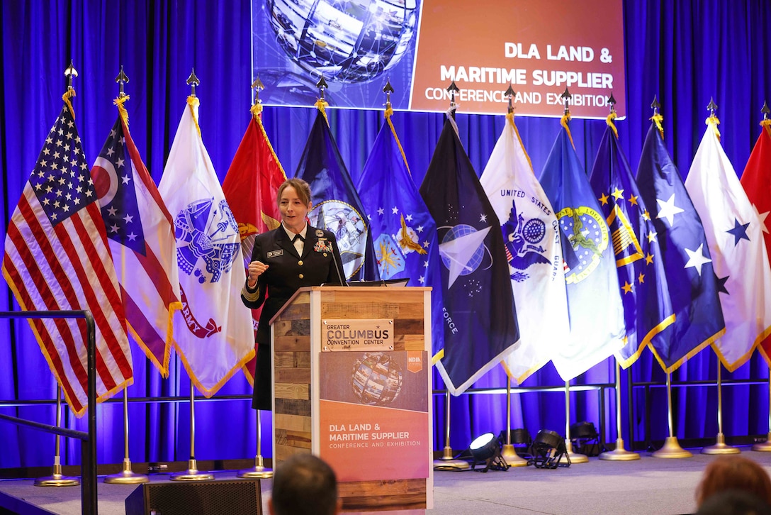 Defense Logistics Agency Director Navy Vice Adm. Michelle Skubic speaks during the 2022 Defense Logistics Agency Land and Maritime Supplier Conference and Exhibition April 6 in downtown Columbus, Ohio.
