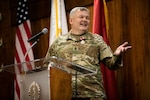 Command Sgt. Maj. Anthony Mollusky Jr., Command Sergeant Major of the 108th Special Troops Battalion in Chicago makes his remarks during his retirement ceremony at Camp Lincoln in Springfield, IL April 3, 2022. Mollusky is a native of Kincaid, Illinois. He entered the U.S. Army in 1990, before eventually transitioning to the Illinois Army National Guard in 1998. (U.S. Army photo by Illinois Army National Guard Sgt. Trenton Fouche)