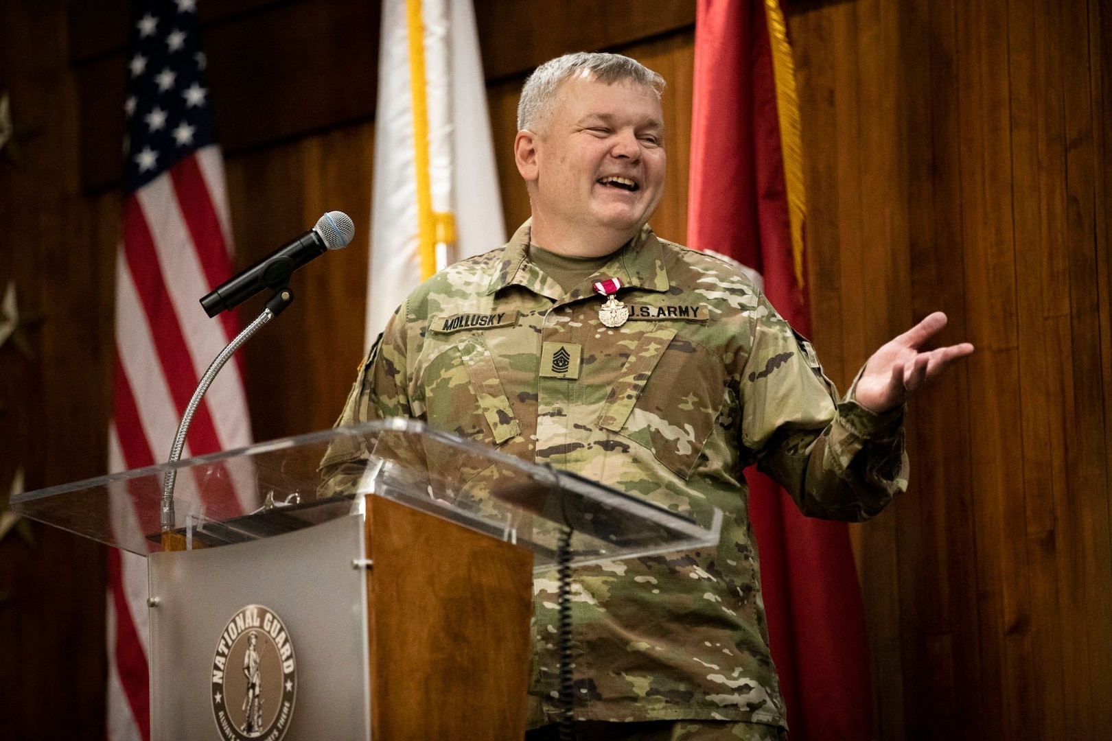 Command Sgt. Maj. Anthony Mollusky Jr., Command Sergeant Major of the 108th Special Troops Battalion in Chicago makes his remarks during his retirement ceremony at Camp Lincoln in Springfield, IL April 3, 2022. Mollusky is a native of Kincaid, Illinois. He entered the U.S. Army in 1990, before eventually transitioning to the Illinois Army National Guard in 1998. (U.S. Army photo by Illinois Army National Guard Sgt. Trenton Fouche)