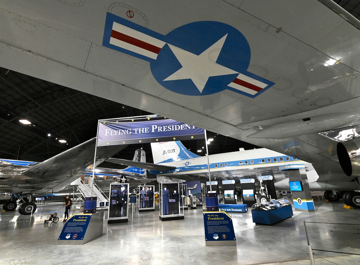 The Flying the President exhibit in the Presidential Gallery of the National Museum of the U.S. Air Force. The museum was the recipient of the Air Force Heritage Award from the Department of the Air Force History and Museums Program for the exhibit. (U.S. Air Force photo by Ty Greenlees)