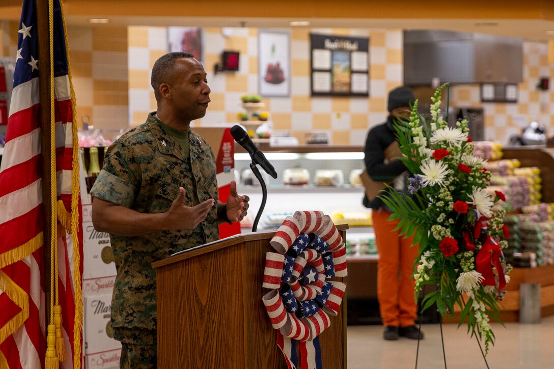 U.S. Marine Corps Col. Michael L. Brooks, base commander, Marine Corps Base Quantico, gives his remarks at the commissary on Marine Corps Base Quantico, Virginia, March 29, 2022. A ceremony was conducted to commemorate National Vietnam War Veterans Day. (U.S. Marine Corps photo by Cpl. Eric Huynh)