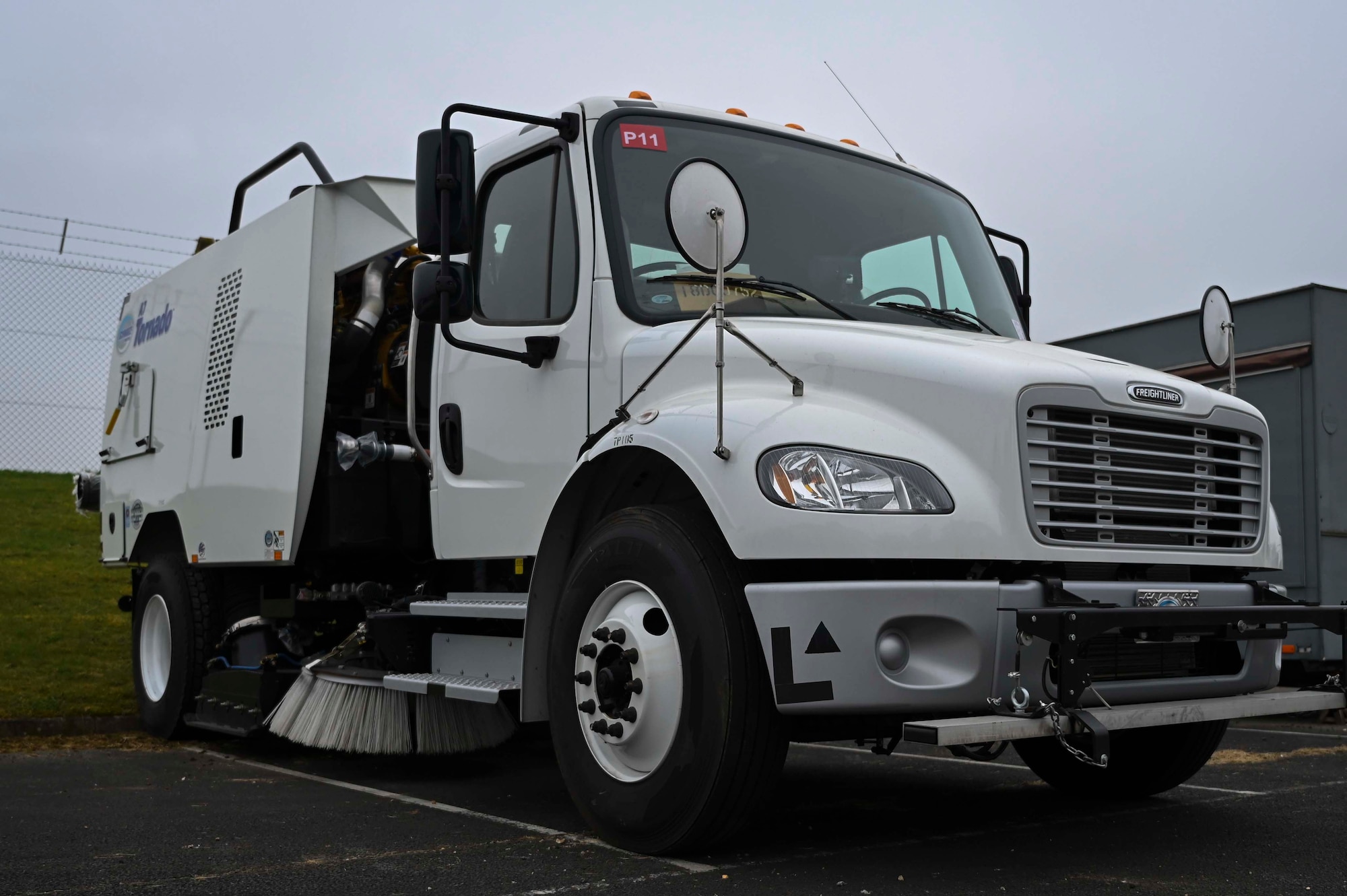 A KM T-2 asphalt recycling machine stands at Royal Air Force Mildenhall, England, March 30, 2022. The trailer recycles material into plant-grade asphalt to help patch holes in an airfield or street. (U.S. Air Force photo by Airman 1st Class Viviam Chiu)