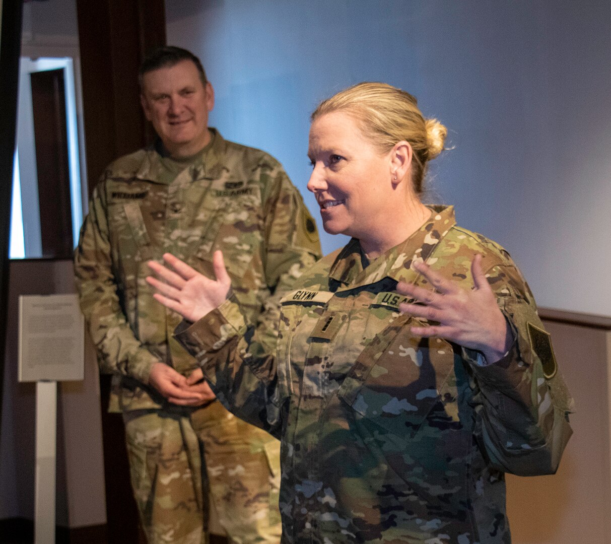 Newly promoted CW4 Lindsay Glynn, of Springfield, Joint Force Headquarters officer in charge, Illinois Army National Guard, thanks family, friends and fellow Soldiers for their support throughout her career during a promotion ceremony March 25 at the Illinois State Military Museum in Springfield, Illinois.