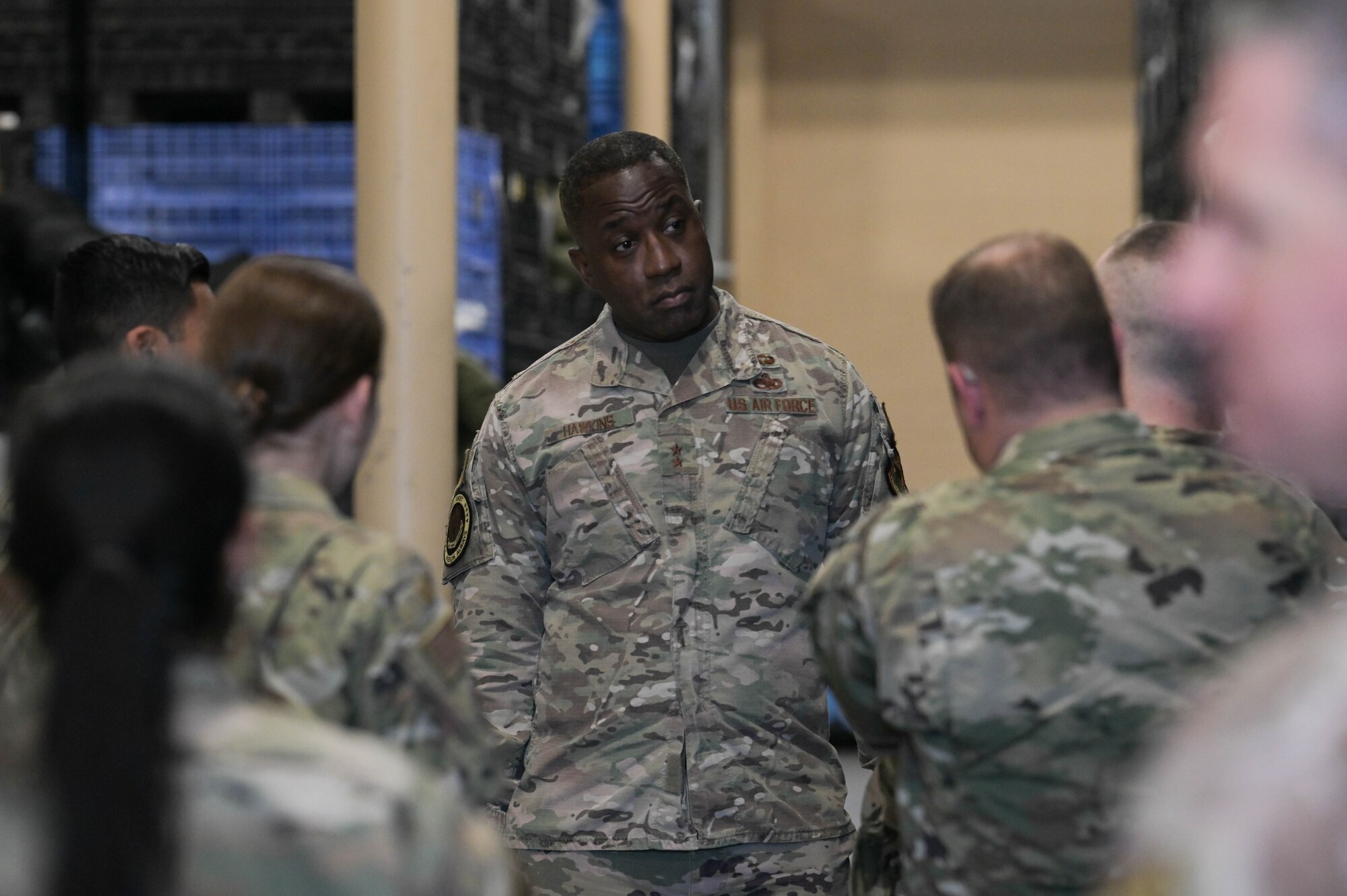 U.S. Air Force Maj. Gen. Stacey Hawkins, Air Combat Command director of logistics, engineering and force protection, is briefed on 23rd Logistic Readiness Squadron capabilities during his visit March 25, 2022, at Moody Air Force Base, Georgia. Hawkins visited Moody to learn more about logistics and force protection in support of the Lead-Wing concept. (U.S. Air Force photo by Senior Airman Rebeckah Medeiros)