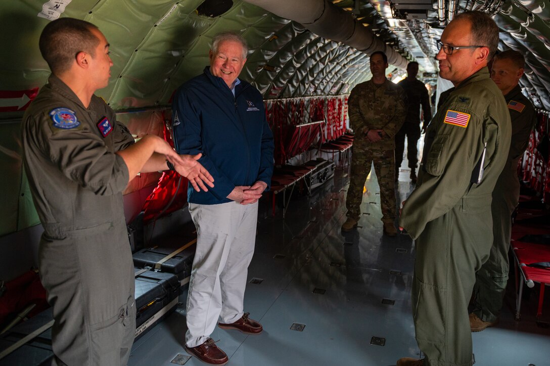 Senior Airman Devin Olmedo, 350th Air Refueling Squadron inflight refueling specialist, describes the process of refueling an aircraft with a KC-135 Stratotanker’s boom to Secretary of the Air Force Frank Kendall and Col. Nate Vogel, 22nd Air Refueling Wing commander at McConnell Air Force Base, Kan., April 3, 2022. Kendall toured a KC-135 Stratotanker followed by a flight on a KC-46A Pegasus to take an in-depth look at the air refueling airframes. The purpose was to highlight modernization and compare old and new airframe capabilities. (U.S. Air Force photo by Airman Brenden Beezley)
