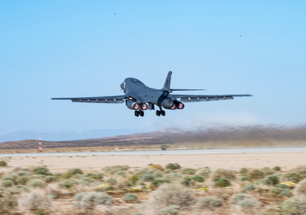 A B-1B Lancer takes off from Edwards Air Force Base to Tinker AFB for PDM.