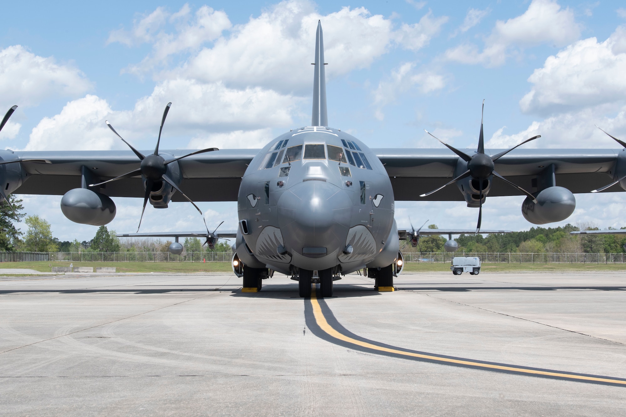 HC-130J Combat King II 13-5785 awaits the ground crew after landing at Moody Air Force Base, Georgia, March 25, 2022. After being dedicated as the 23rd Wing’s Flagships, HC-130J 13-5785 was dubbed “The Whale Shark”. (U.S. Air Force photo by Senior Airman Thomas Johns)