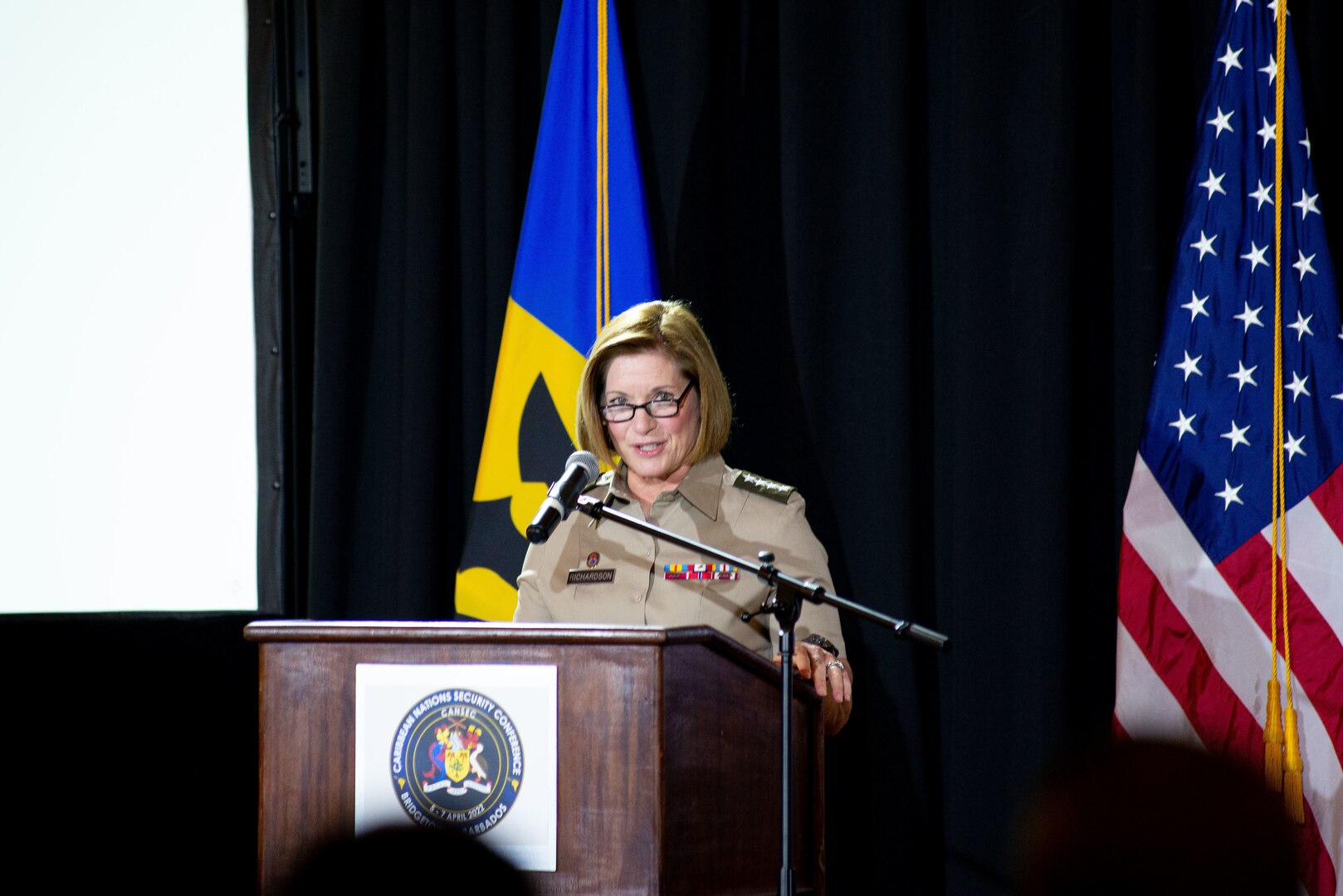 The commander of U.S. Southern Command, U.S. Army Gen. Laura J. Richardson, provides opening remarks for the Caribbean Nations Security Conference in Bridgetown, Barbados.