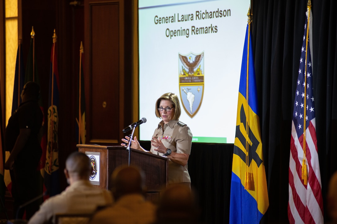 The commander of U.S. Southern Command, U.S. Army Gen. Laura J. Richardson, provides opening remarks for the Caribbean Nations Security Conference in Bridgetown, Barbados.