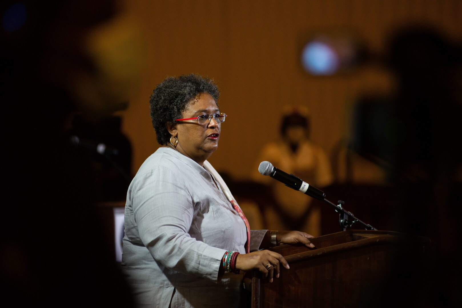 Barbados Prime Minister Mia Mottley delivers opening remarks for the Caribbean Nations Security Conference April 6, 2022 in Bridgetown, Barbados.