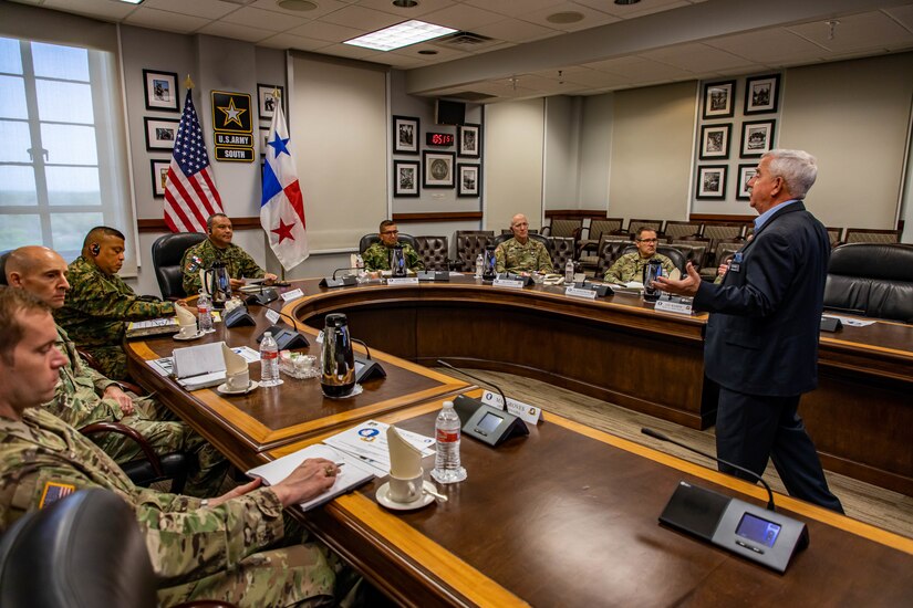 Senior leaders from Panama's National Border Security visit Army South April 7, 2022 to conduct a meet and greet with the Army South Commanding General Maj. Gen. William L. Thigpen and discuss partnership opportunities. Our partnerships are vital to security and prosperity in the hemisphere and to our collective ability to meet complex global challenges.