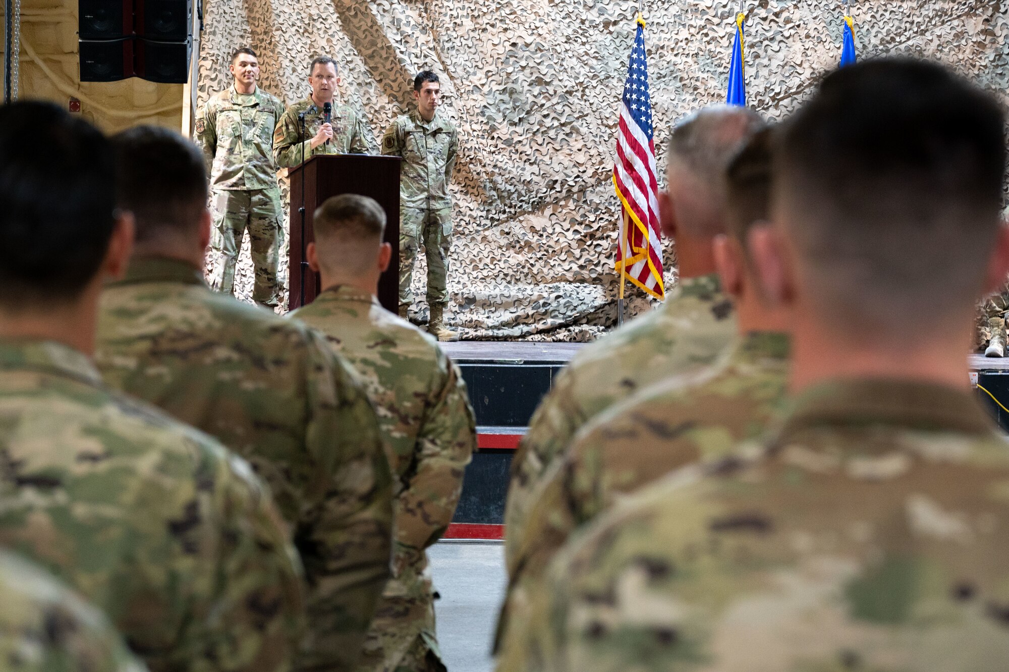 This group inactivation signifies a shift in the 332d AEW’s organizational structure to an A-Staff construct, mirroring major commands and Air Force headquarters to more readily identify staff equivalents at the joint operating level; it optimizes internal communication and creates more efficient interfacing with other services. (U.S. Air Force photo by Tech. Sgt. Lauren M. Snyder)