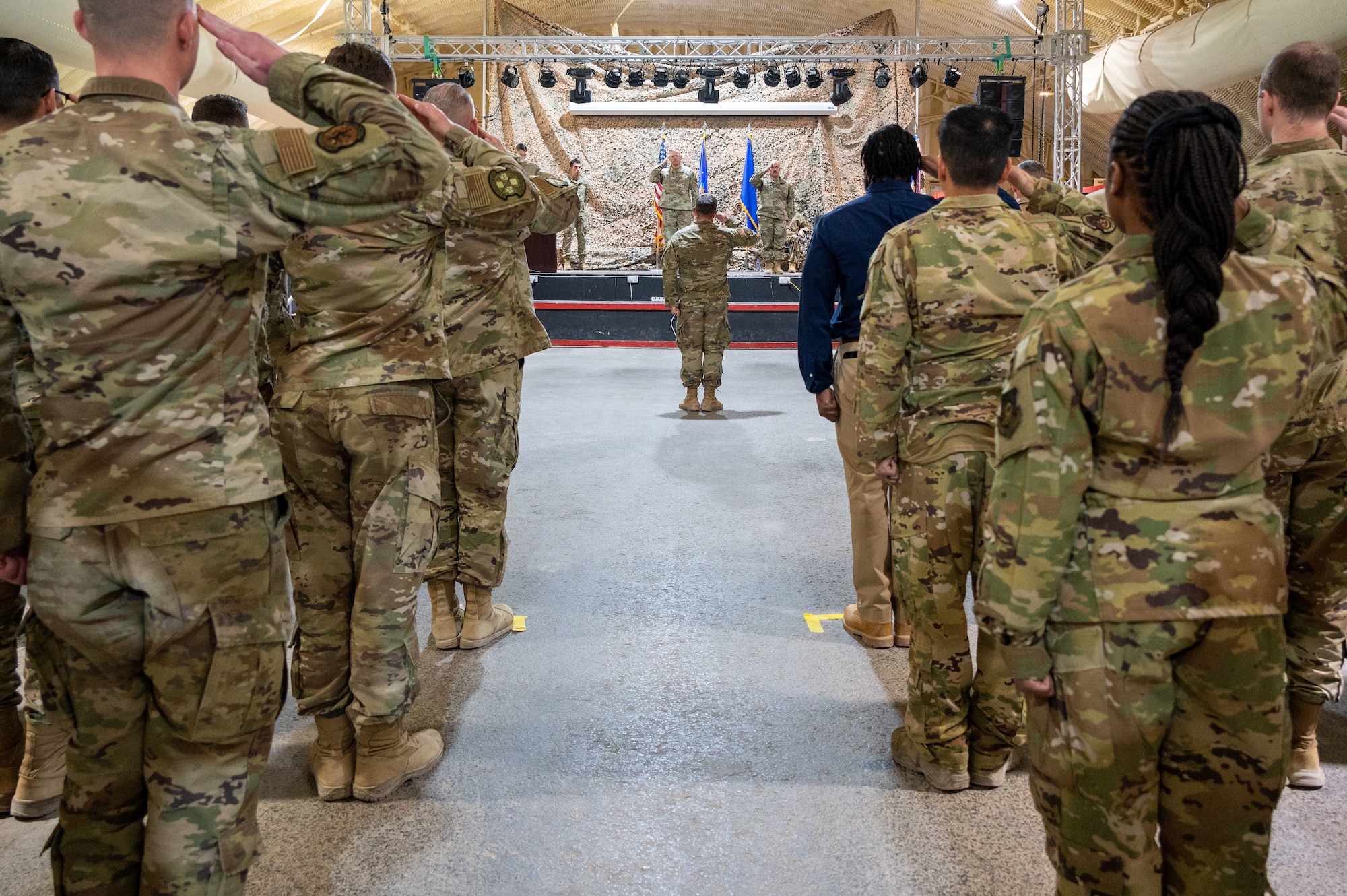 This group inactivation signifies a shift in the 332d AEW’s organizational structure to an A-Staff construct, mirroring major commands and Air Force headquarters to more readily identify staff equivalents at the joint operating level; it optimizes internal communication and creates more efficient interfacing with other services. (U.S. Air Force photo by Tech. Sgt. Lauren M. Snyder)