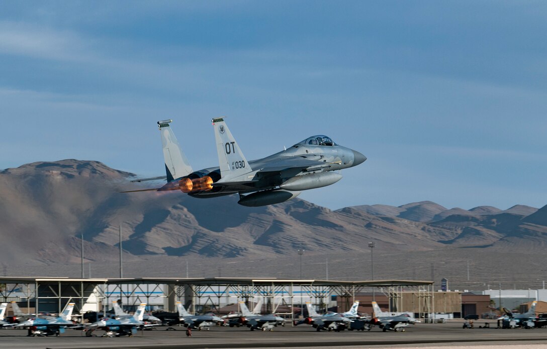 An F-15C Eagle assigned to the 422nd Test and Evaluation Squadron takes off from Nellis Air Force Base, Nev.