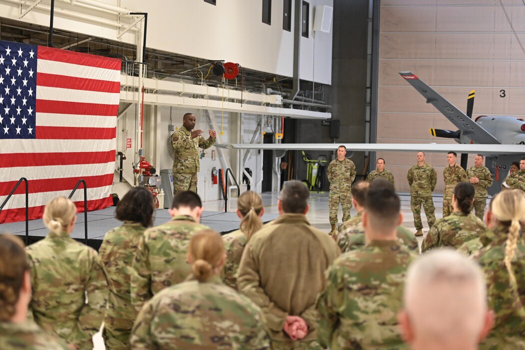 U.S. Air Force Chief Master Sgt. Maurice L. Williams, command chief, Air National Guard, addresses Airmen of the 119th Wing at a town hall at the Fargo Air National Guard Base, Fargo, North Dakota, April 2, 2022.  The town hall focused on readiness, taking care of Airmen and the health of the force. (U.S. Air National Guard photo by Tech. Sgt. Nathanael Baardson)