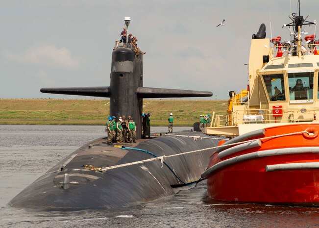 The Ohio-class ballistic-missile submarine USS Alaska (SSBN 732) Gold Crew returns to its homeport at Naval Submarine Base Kings Bay,